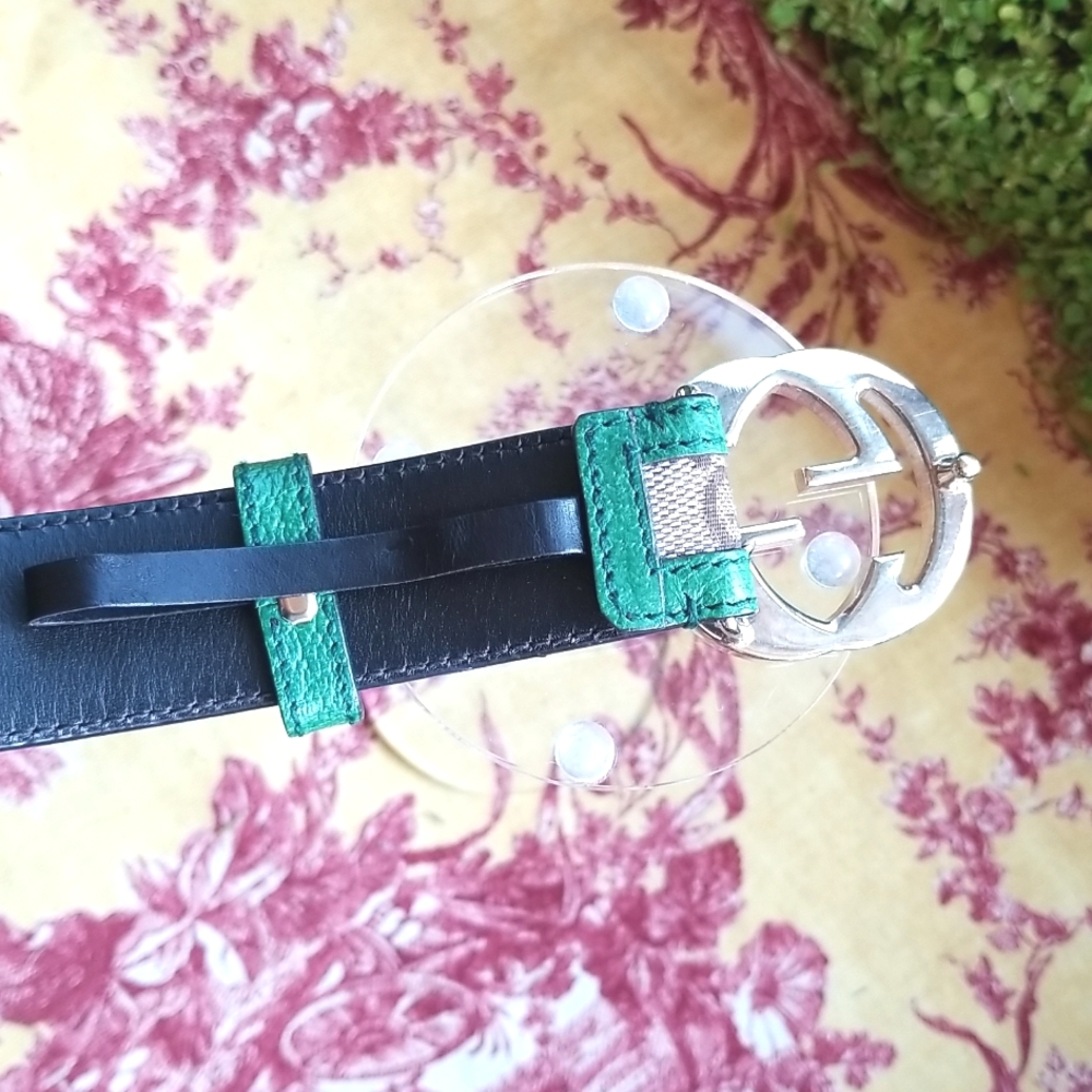 GUCCI Y2k MONOGRAM HTF Forest Green Leather Brown Canvas Luxury GG Buckle BELT - Picture 5 of 12